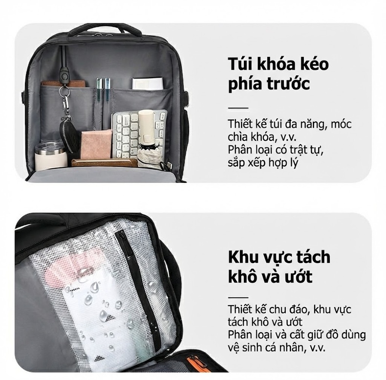 Balo Đa Năng Cao Cấp Chống Nước Phong Cách Thời Trang Công Sở Đựng Laptop Dung Tích Lớn Màu Đen, Be chi tiết 9