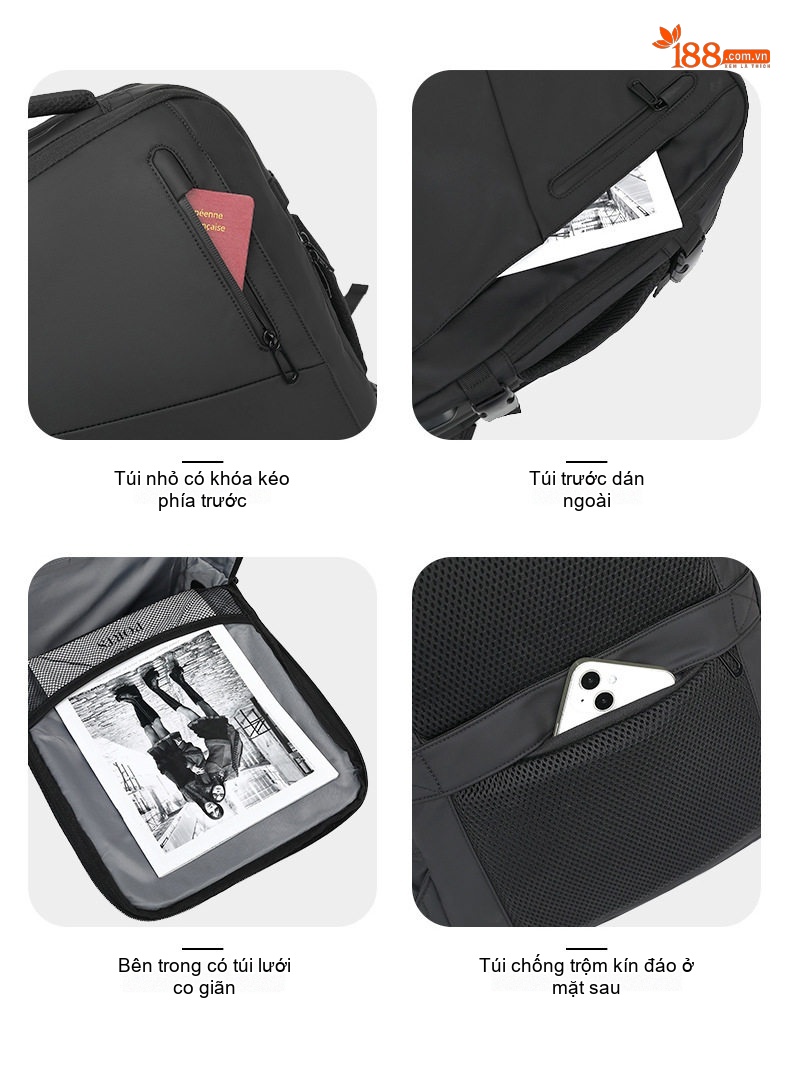 Balo Đa Năng Cao Cấp Chống Nước Phong Cách Thời Trang Công Sở Đựng Laptop Dung Tích Lớn Màu Đen, Be chi tiết 12