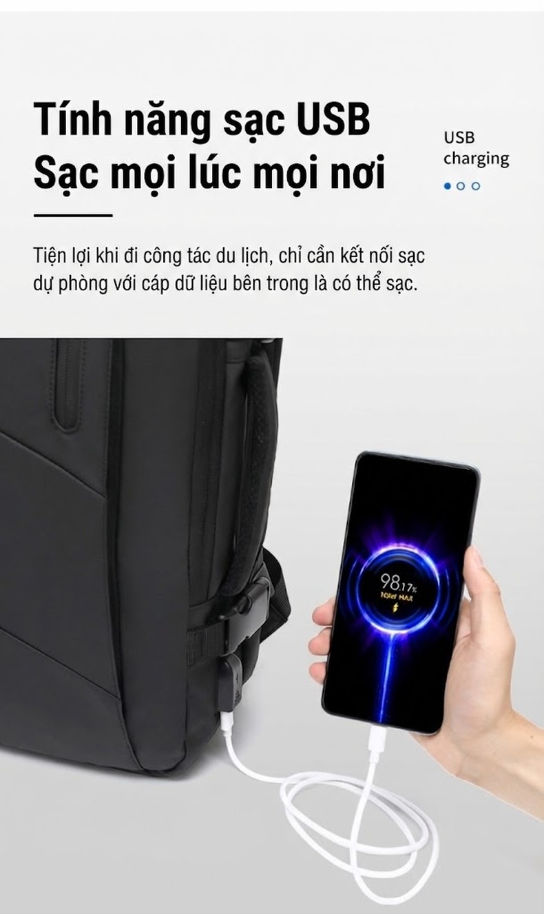 Balo Đa Năng Cao Cấp Chống Nước Phong Cách Thời Trang Công Sở Đựng Laptop Dung Tích Lớn Màu Đen, Be chi tiết 13
