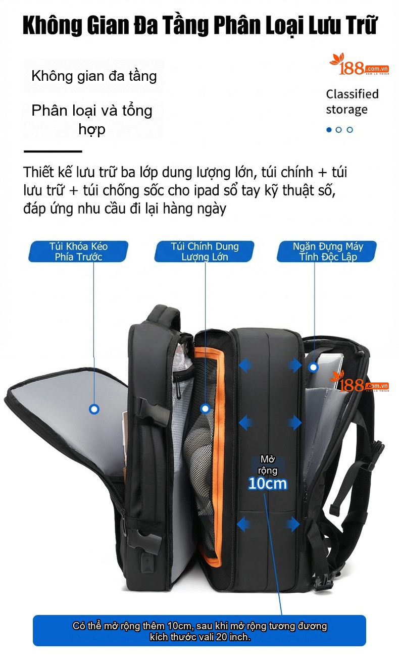 Balo Đa Năng Cao Cấp Chống Nước Phong Cách Thời Trang Công Sở Đựng Laptop Dung Tích Lớn Màu Đen, Be chi tiết 8
