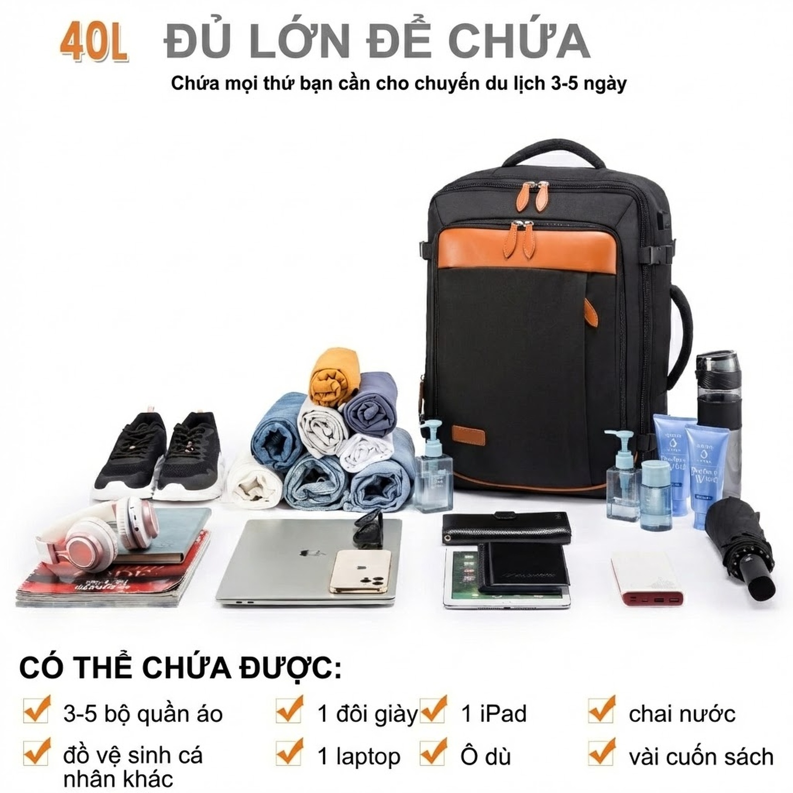 Balo Đa Năng Chống Nước Sức Chứa Lớn Cho Nam Nữ Kèm Bộ Túi Lưới Đựng Đồ Du Lịch Công Tác Màu Đen, Xám chi tiết 4