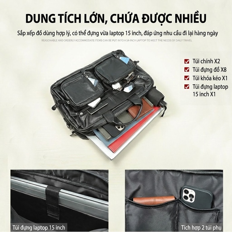 Balo Đa Năng Du Lịch Công Sở Nam Nữ Da Thật Đeo Vai, Xách Tay, Đeo Chéo Màu Đen