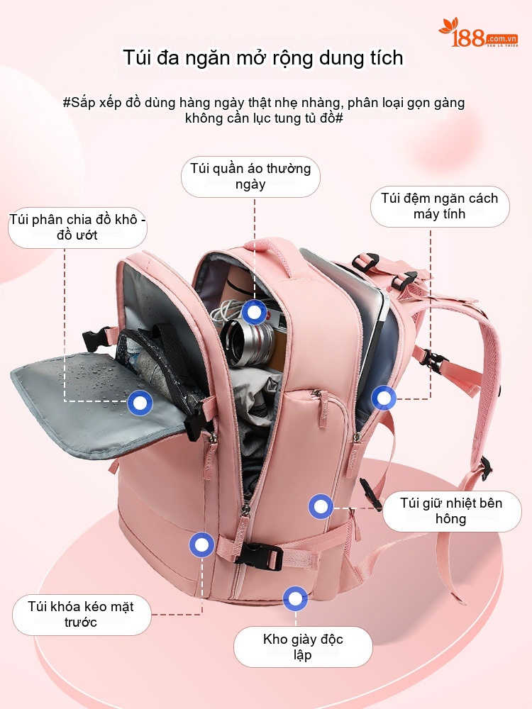 Balo Đa Năng Du Lịch Nữ Chống Thấm Nước, Ngăn Ướt Riêng Biệt Màu Kaki, Hồng, Xanh Lá chi tiết 4