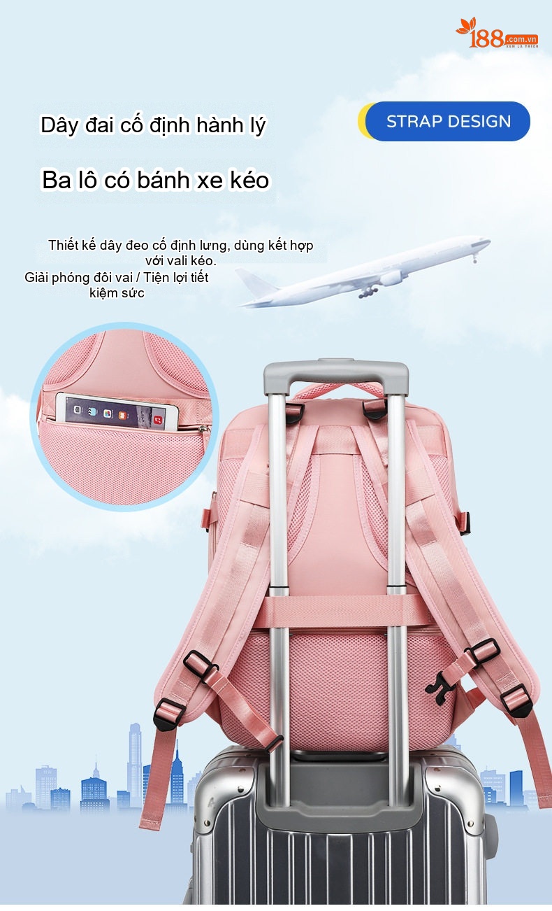 Balo Đa Năng Du Lịch Nữ Chống Thấm Nước, Ngăn Ướt Riêng Biệt Màu Kaki, Hồng, Xanh Lá chi tiết 19
