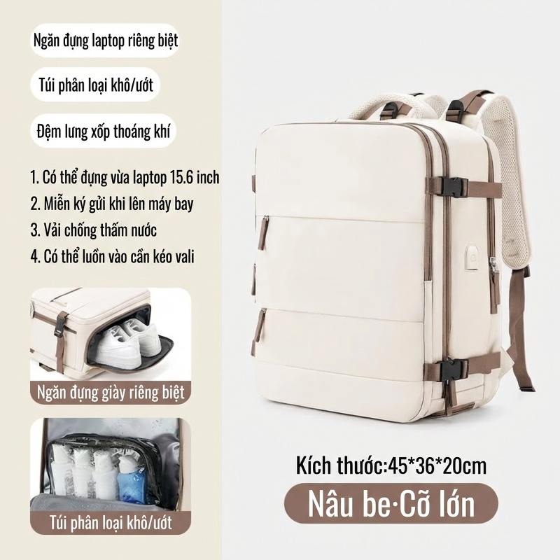 Balo Đa Năng Du Lịch Nữ Chống Thấm Nước, Ngăn Ướt Riêng Biệt Màu Kaki, Hồng, Xanh Lá