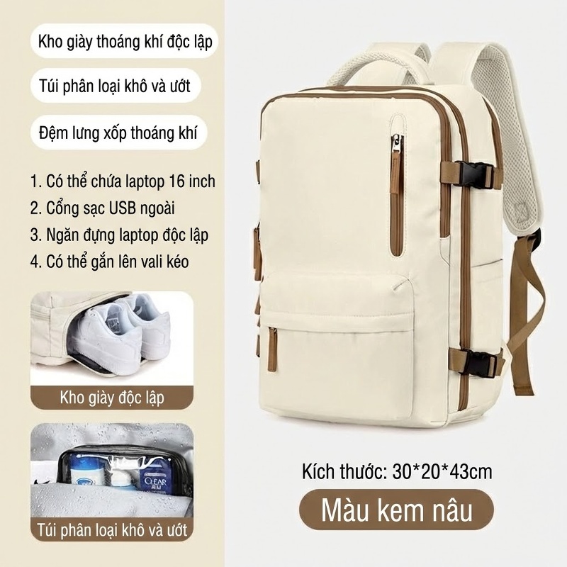 Balo Đa Năng Du Lịch Nữ Chống Thấm Nước, Ngăn Ướt Riêng Biệt Màu Kaki, Hồng, Xanh Lá chi tiết 27