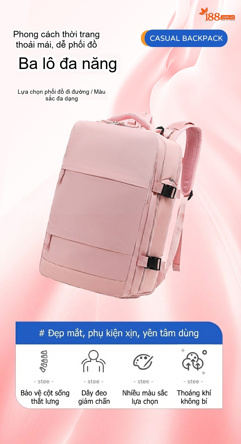 Balo Đa Năng Du Lịch Nữ Chống Thấm Nước, Ngăn Ướt Riêng Biệt Màu Kaki, Hồng, Xanh Lá chi tiết 3