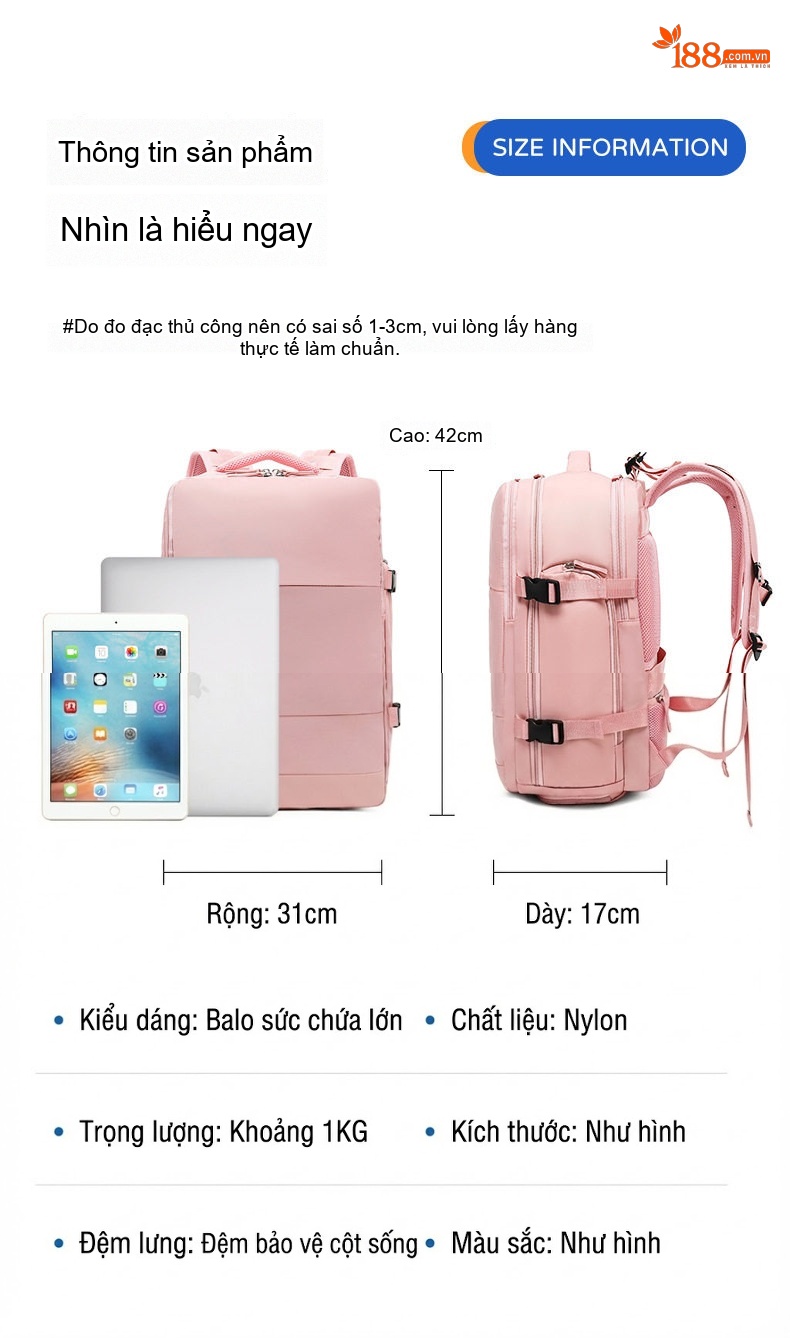 Balo Đa Năng Du Lịch Nữ Chống Thấm Nước, Ngăn Ướt Riêng Biệt Màu Kaki, Hồng, Xanh Lá chi tiết 7