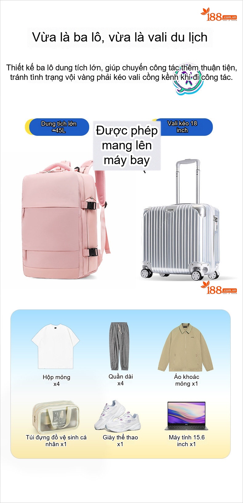 Balo Đa Năng Du Lịch Nữ Chống Thấm Nước, Ngăn Ướt Riêng Biệt Màu Kaki, Hồng, Xanh Lá chi tiết 8