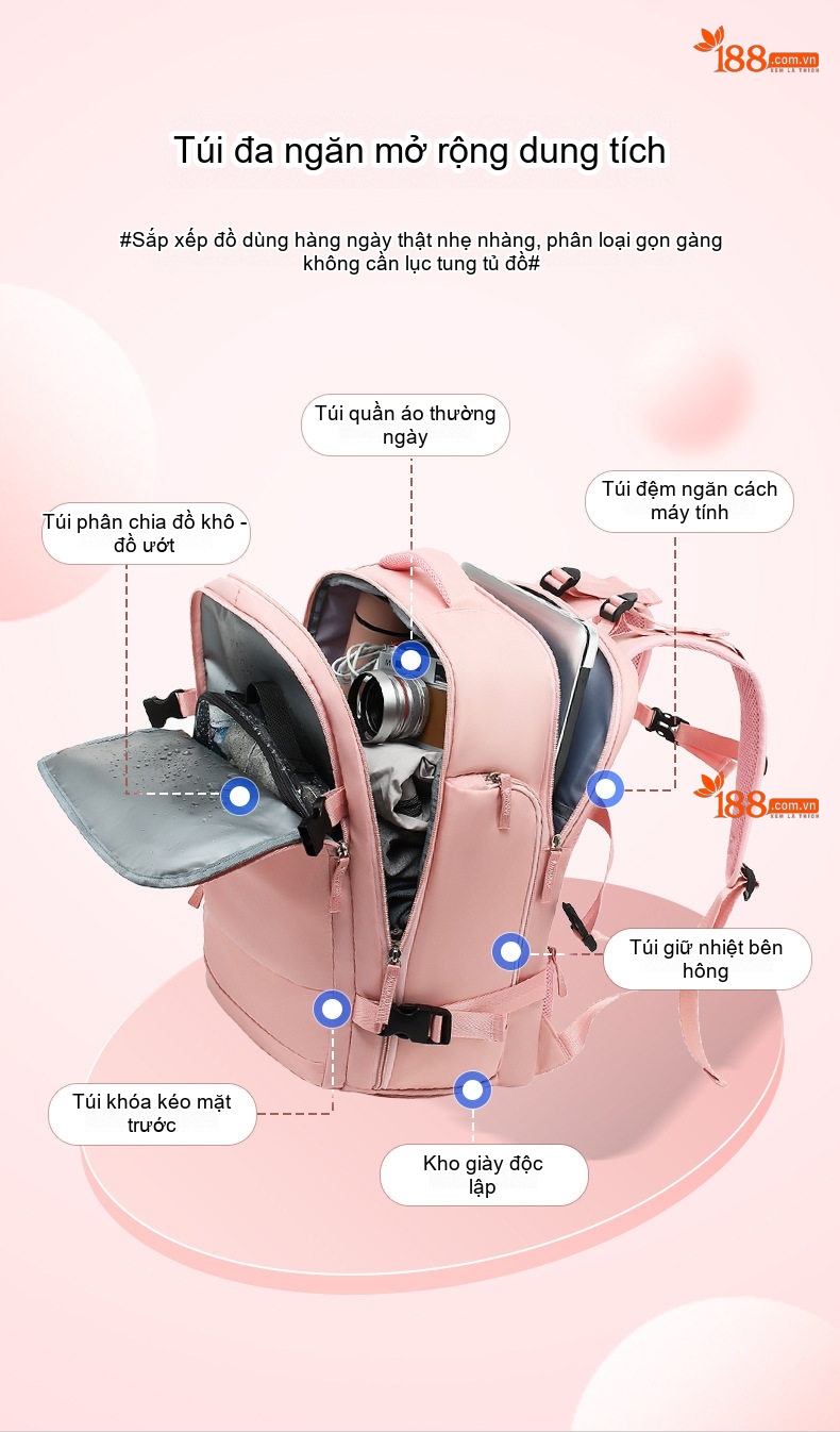 Balo Đa Năng Du Lịch Nữ Chống Thấm Nước, Ngăn Ướt Riêng Biệt Màu Kaki, Hồng, Xanh Lá chi tiết 9