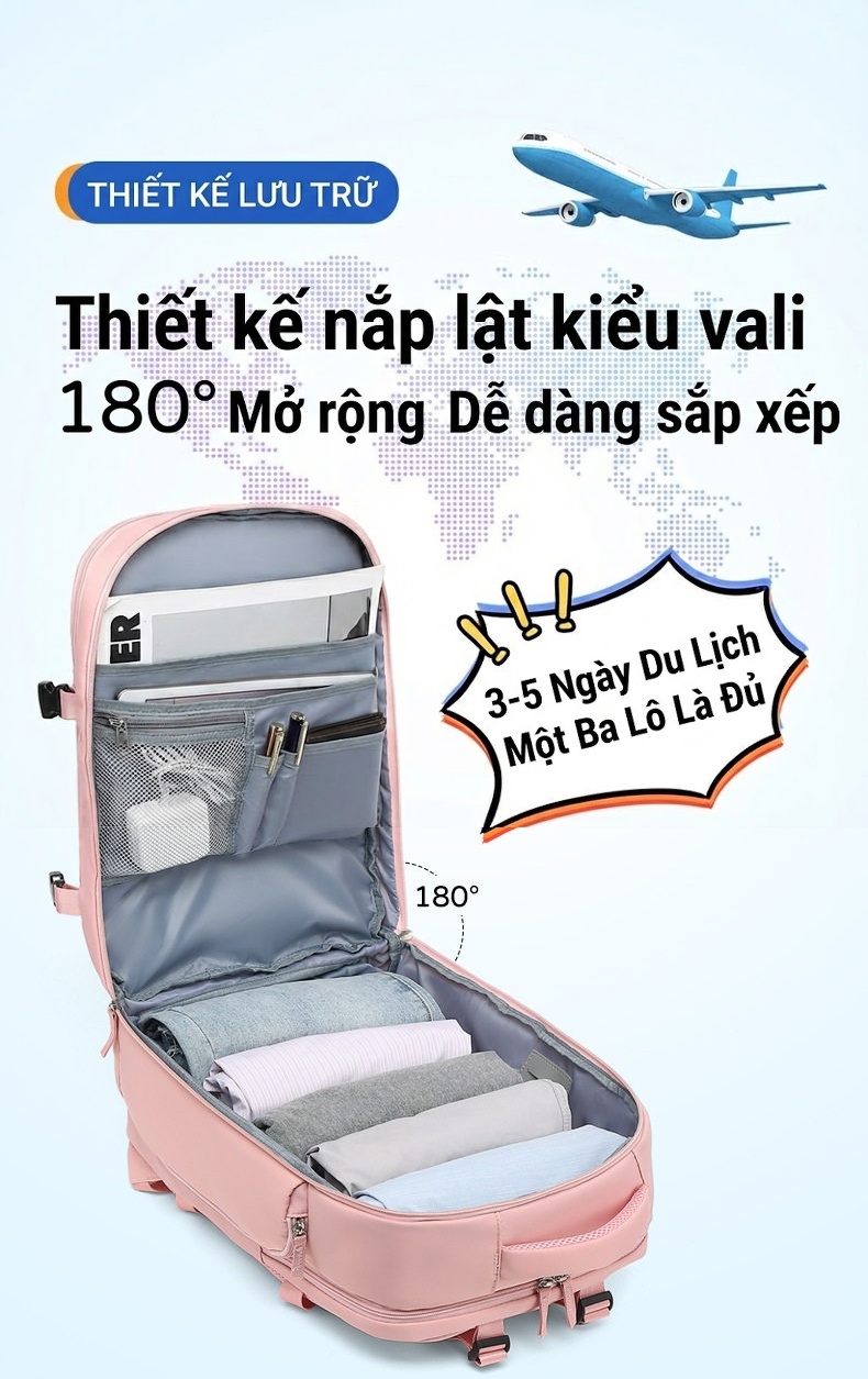 Balo Đa Năng Du Lịch Nữ Chống Thấm Nước, Ngăn Ướt Riêng Biệt Màu Kaki, Hồng, Xanh Lá chi tiết 13