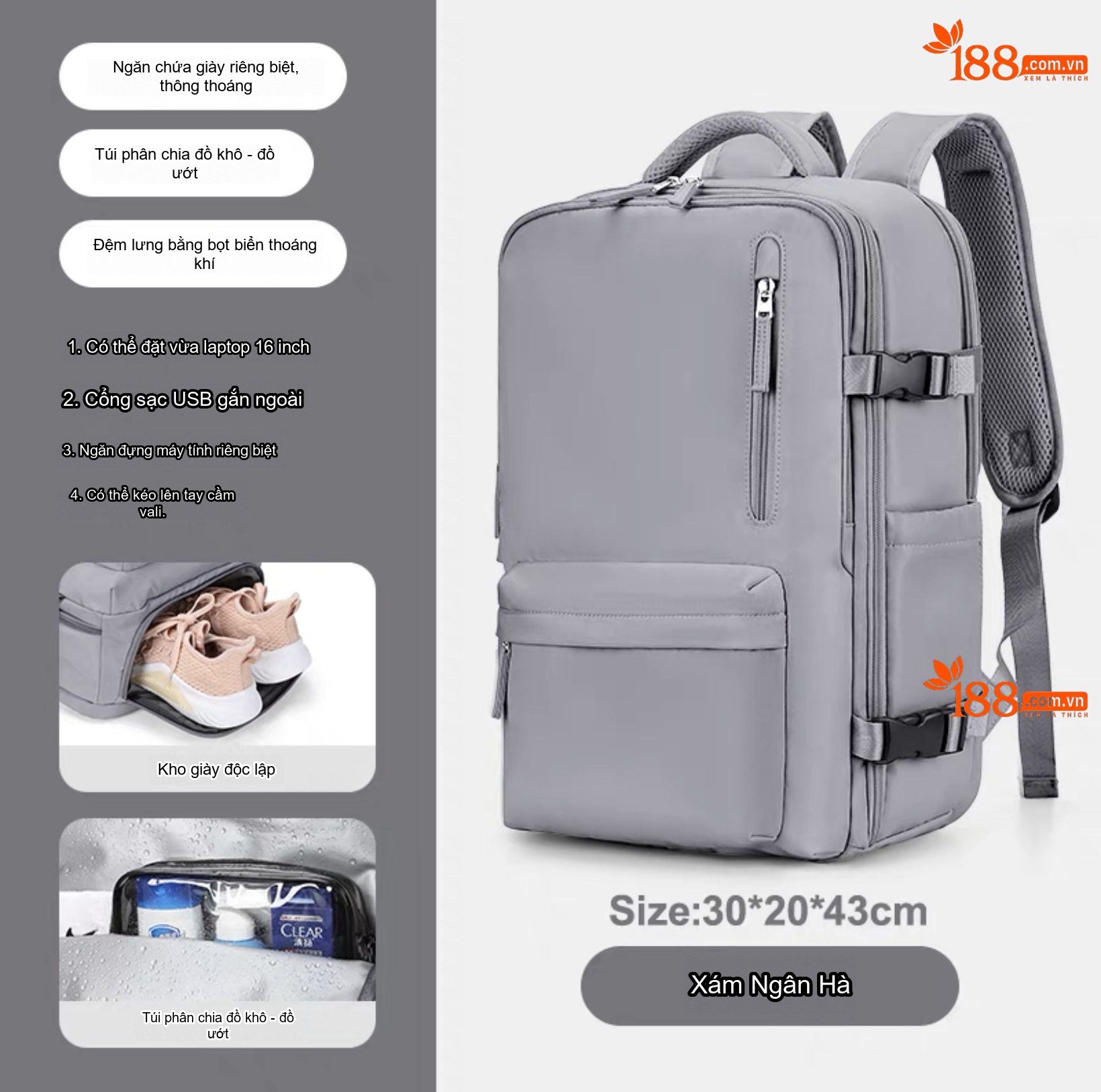 Balo Nữ Đa Năng Chống Nước Có Ngăn Laptop Và Ngăn Giày Riêng