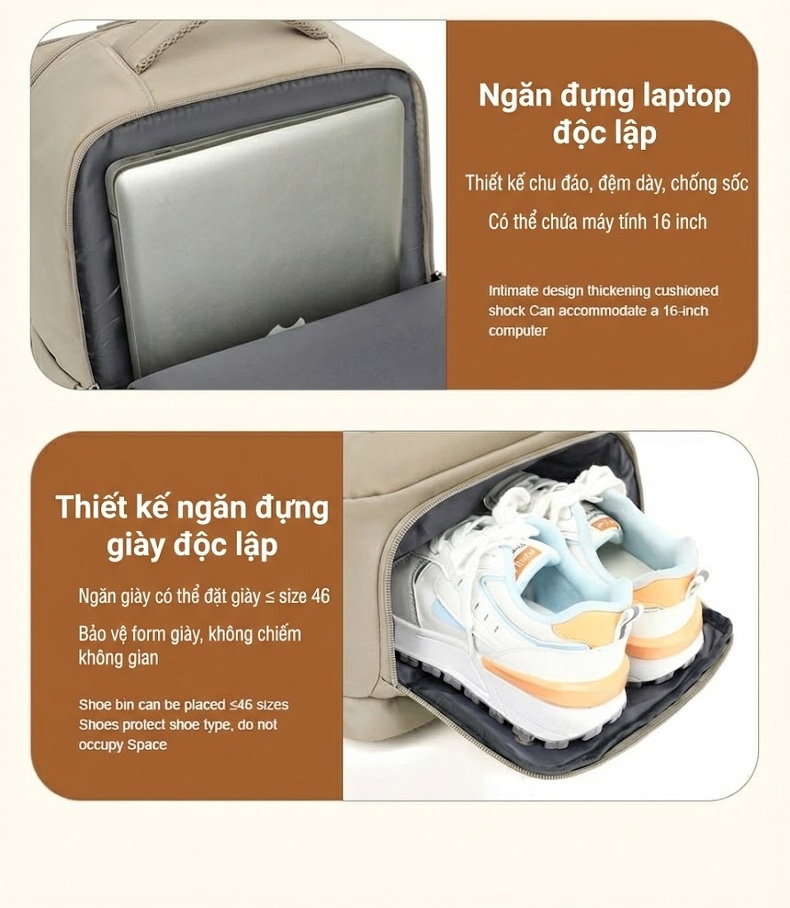 Balo Nữ Đa Năng Chống Nước Có Ngăn Laptop Và Ngăn Giày Riêng chi tiết 9