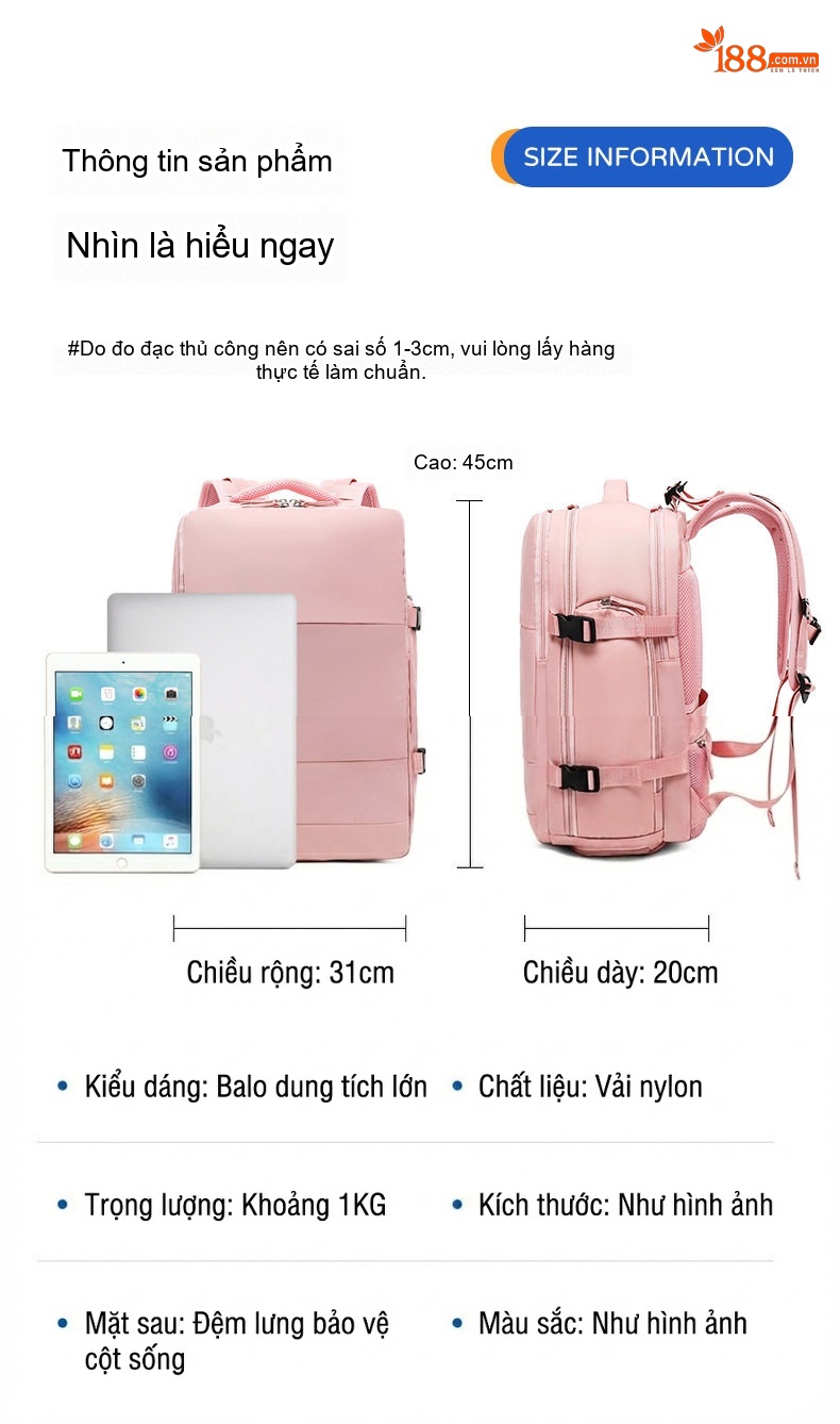 Balo Đa Năng Nữ Chống Thấm Nước Sức Chứa Lớn Đi Du Lịch Công Tác Phân Loại Khô Ướt Màu Xanh, Hồng chi tiết 5