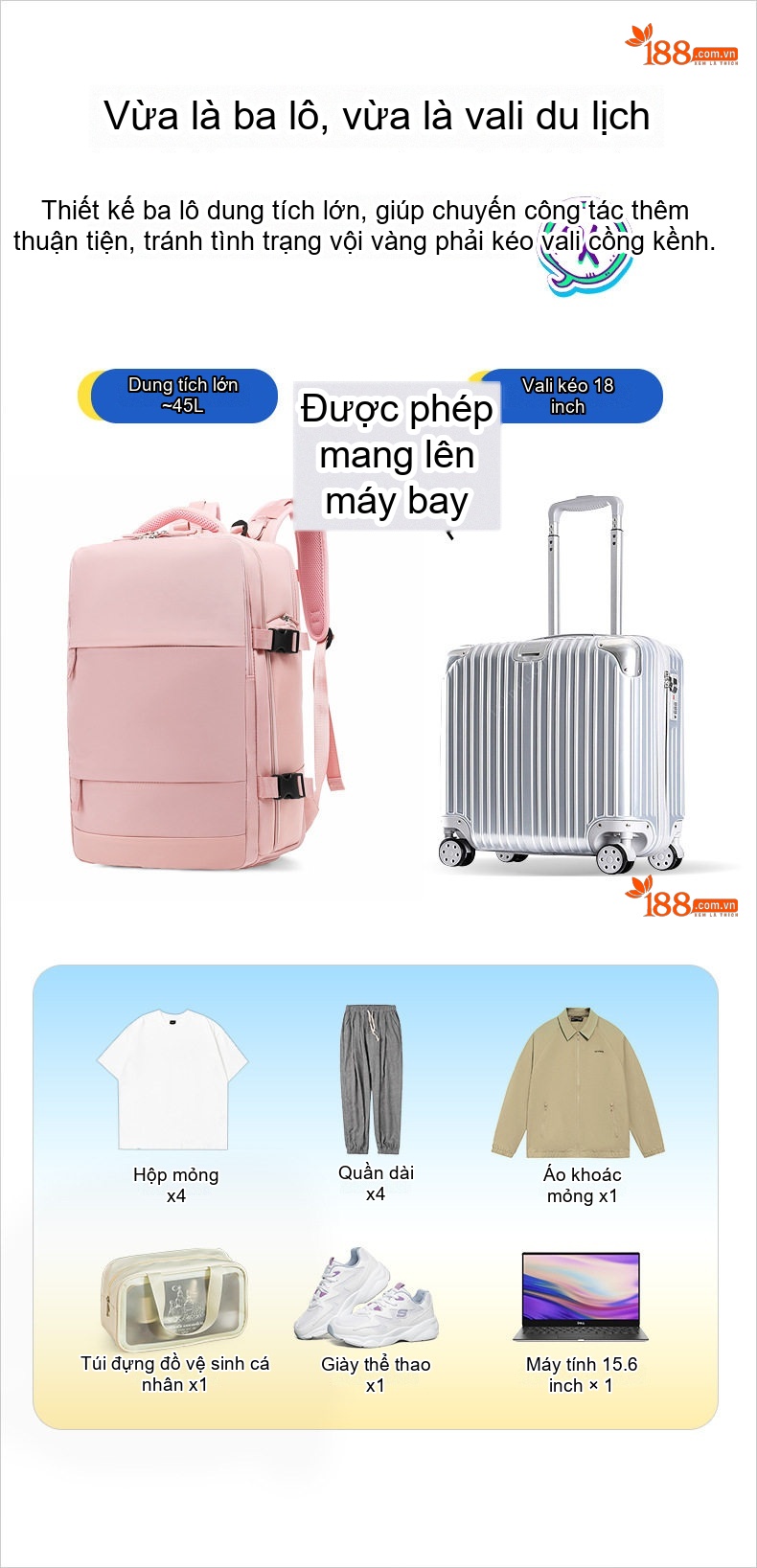 Balo Đa Năng Nữ Chống Thấm Nước Sức Chứa Lớn Đi Du Lịch Công Tác Phân Loại Khô Ướt Màu Xanh, Hồng chi tiết 9