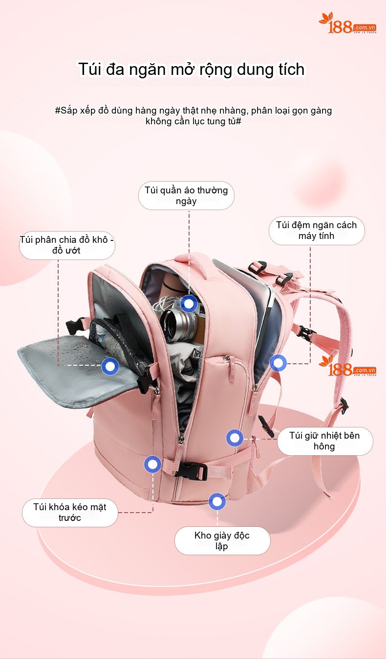 Balo Đa Năng Nữ Chống Thấm Nước Sức Chứa Lớn Đi Du Lịch Công Tác Phân Loại Khô Ướt Màu Xanh, Hồng chi tiết 10