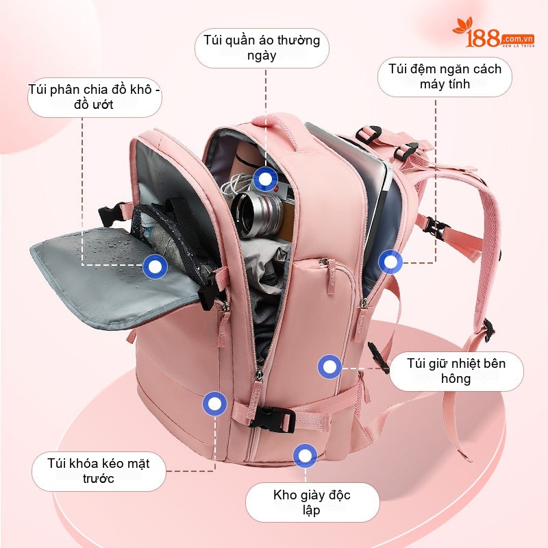 Balo Đa Năng Nữ Chống Thấm Nước Sức Chứa Lớn Đi Du Lịch Công Tác Phân Loại Khô Ướt Màu Xanh, Hồng