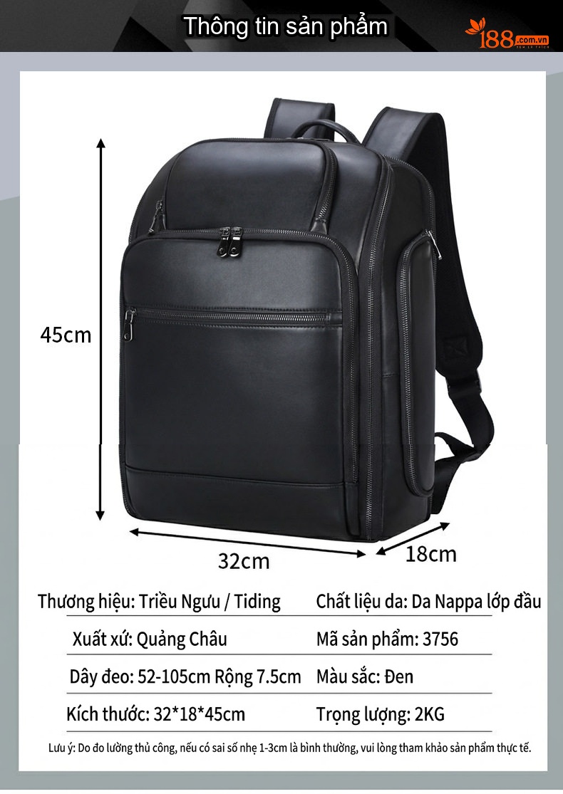 Balo Da Thật Công Sở Đựng Laptop 17 Inch Dung Tích Lớn Màu Đen chi tiết 2