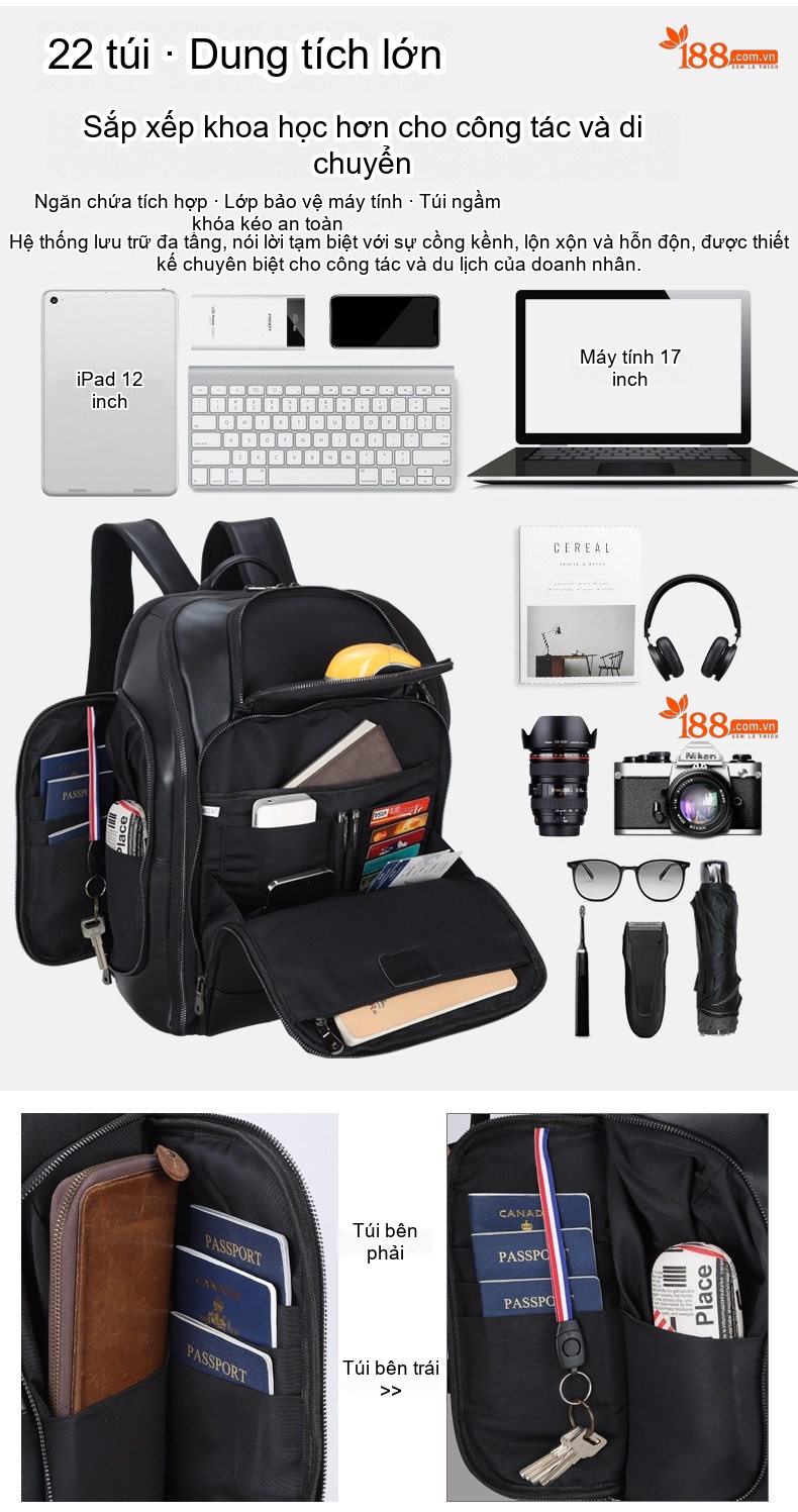 Balo Da Thật Công Sở Đựng Laptop 17 Inch Dung Tích Lớn Màu Đen chi tiết 4