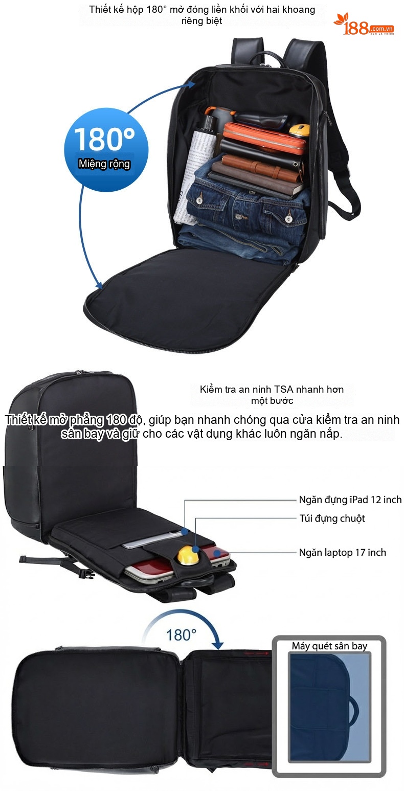 Balo Da Thật Công Sở Đựng Laptop 17 Inch Dung Tích Lớn Màu Đen chi tiết 5