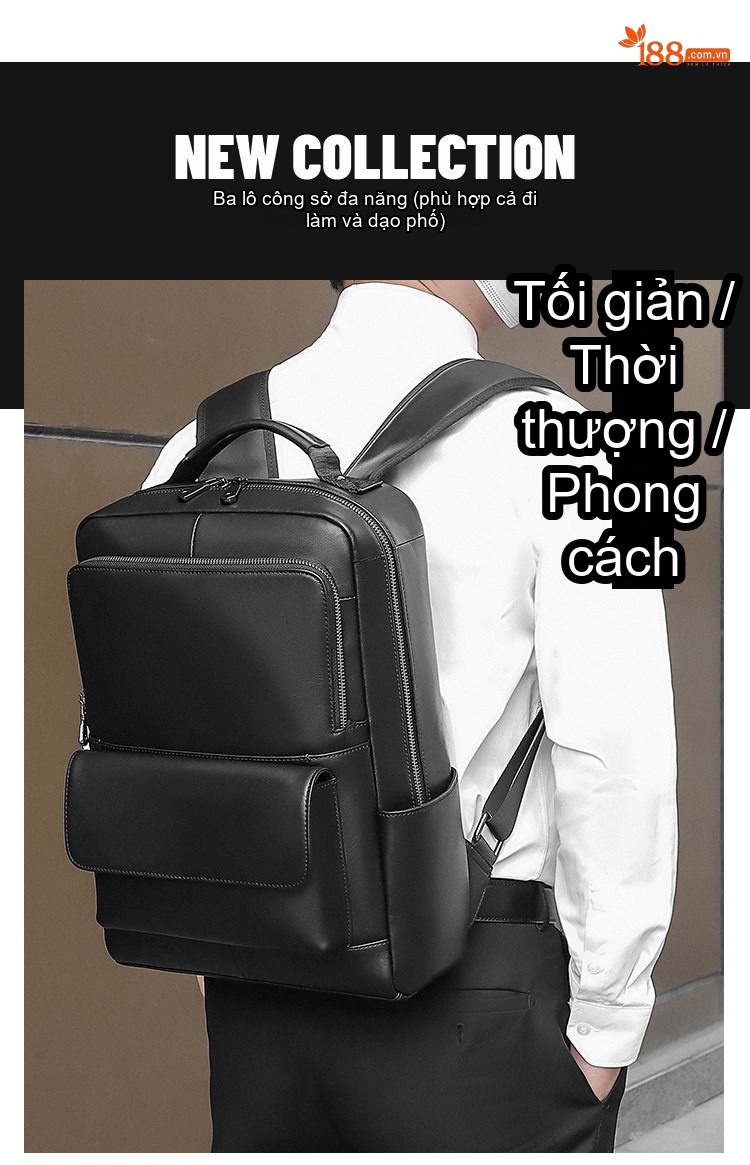 Balo Da Thật Công Sở Nam Nappa Chống Thấm Nước Đựng Laptop 14 Inch Màu Đen chi tiết 1