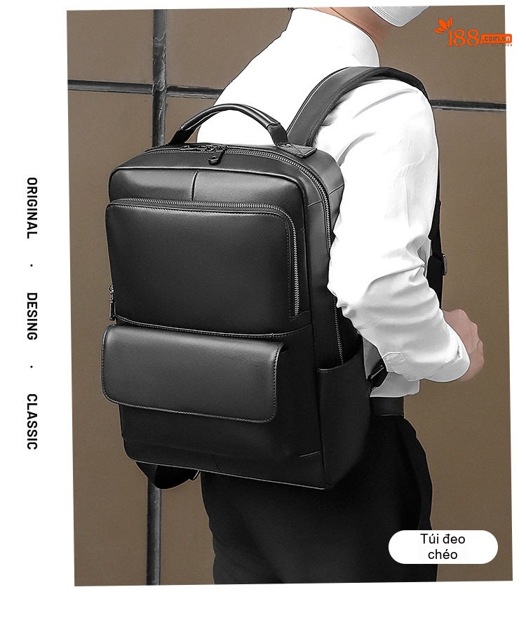 Balo Da Thật Công Sở Nam Nappa Chống Thấm Nước Đựng Laptop 14 Inch Màu Đen chi tiết 3