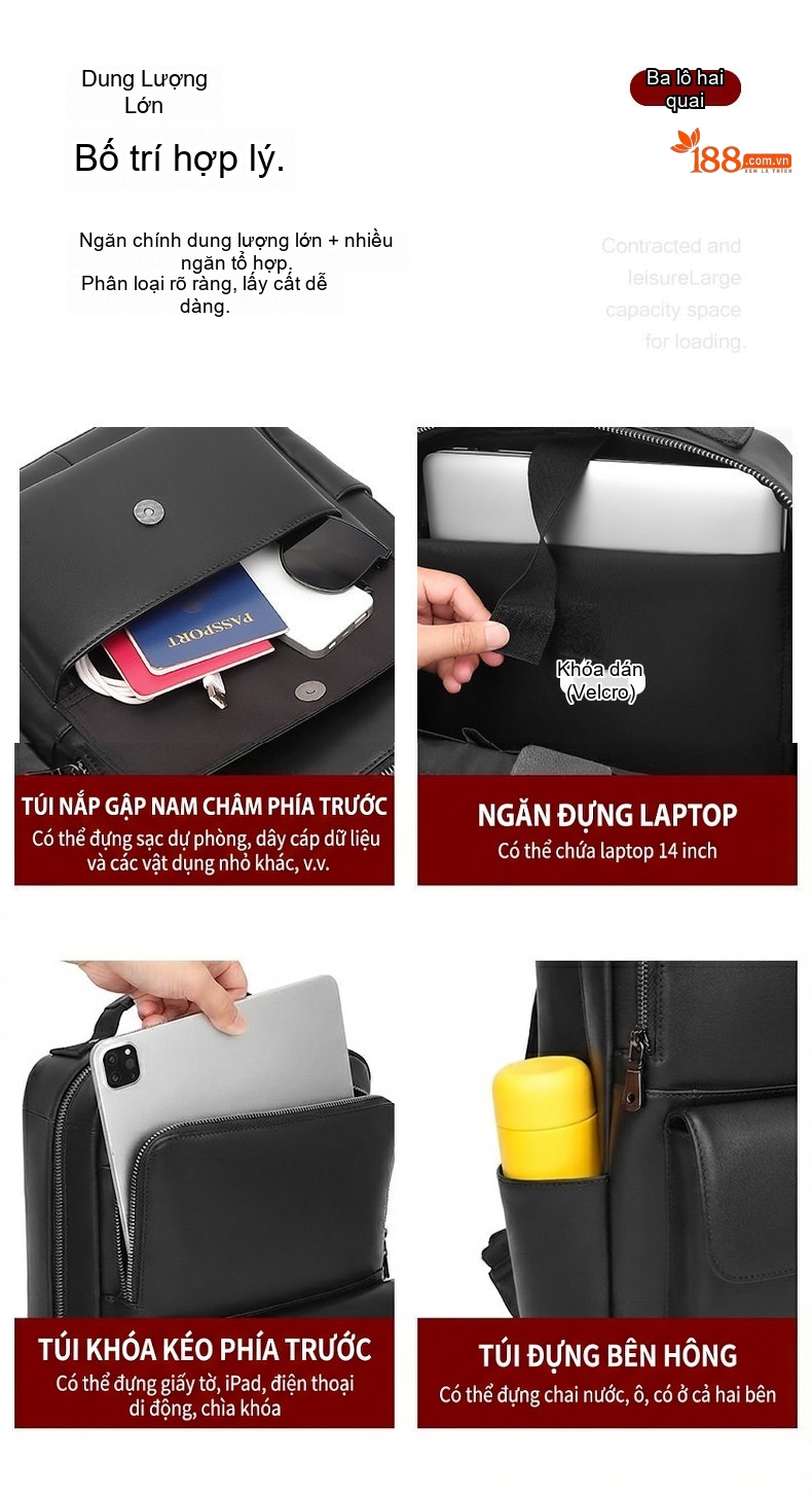 Balo Da Thật Công Sở Nam Nappa Chống Thấm Nước Đựng Laptop 14 Inch Màu Đen chi tiết 6