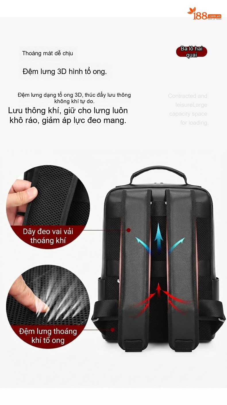 Balo Da Thật Công Sở Nam Nappa Chống Thấm Nước Đựng Laptop 14 Inch Màu Đen chi tiết 7
