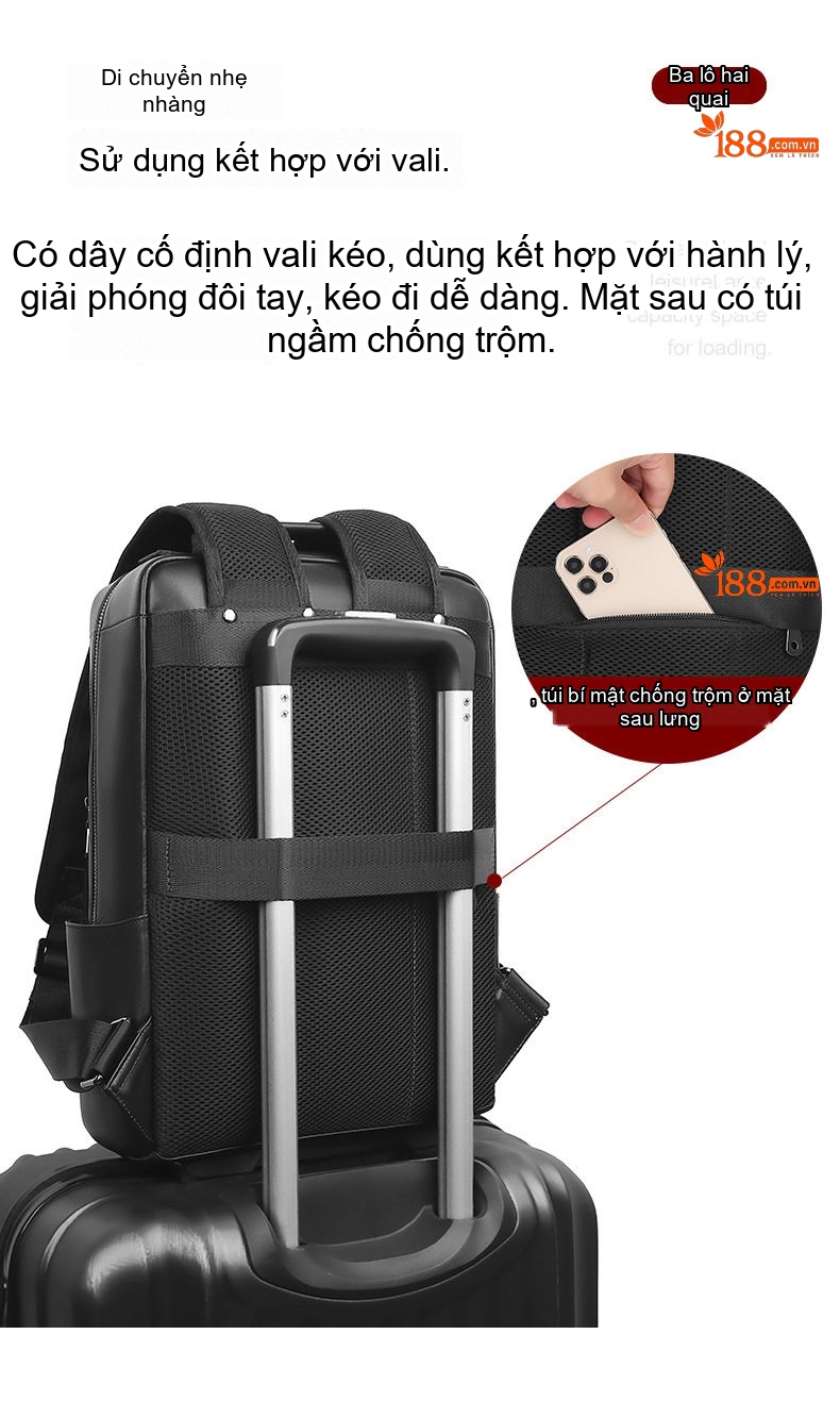 Balo Da Thật Công Sở Nam Nappa Chống Thấm Nước Đựng Laptop 14 Inch Màu Đen chi tiết 8