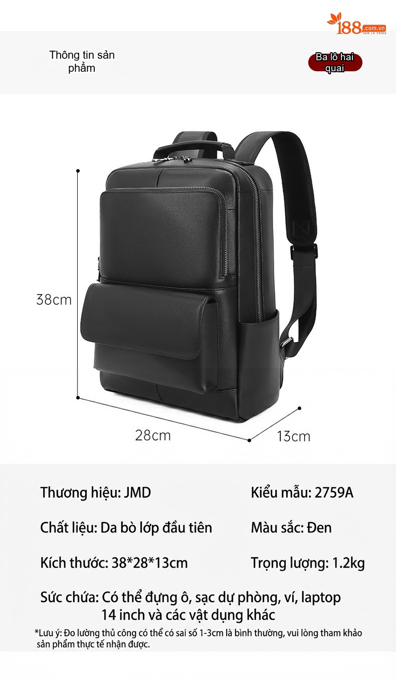 Balo Da Thật Công Sở Nam Nappa Chống Thấm Nước Đựng Laptop 14 Inch Màu Đen chi tiết 10