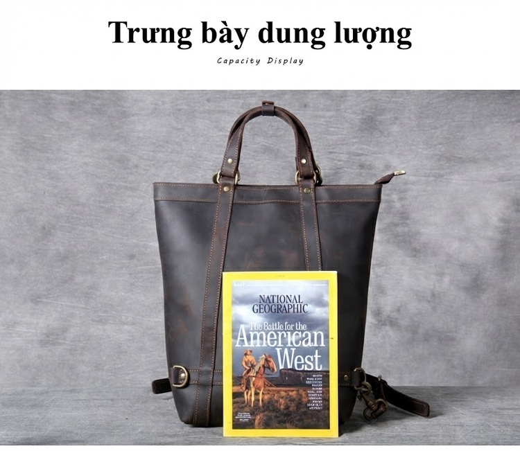 Balo Da Thật Crazy Horse Đa Năng Thủ Công Cá Tính Kiểu Túi Xách Tay/Túi Công Sở Màu Nâu chi tiết 14