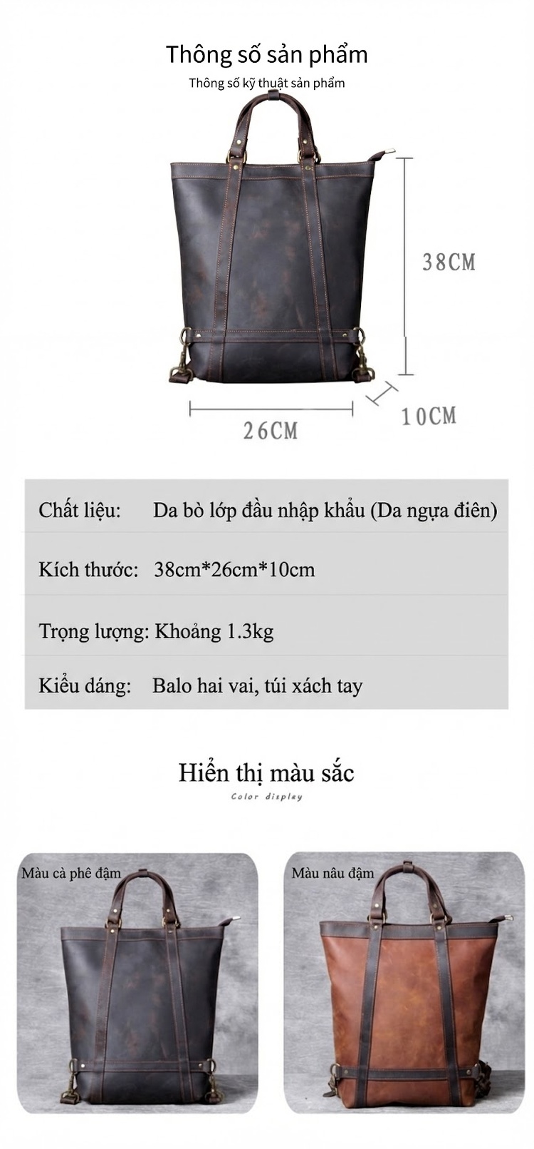 Balo Da Thật Crazy Horse Đa Năng Thủ Công Cá Tính Kiểu Túi Xách Tay/Túi Công Sở Màu Nâu chi tiết 1