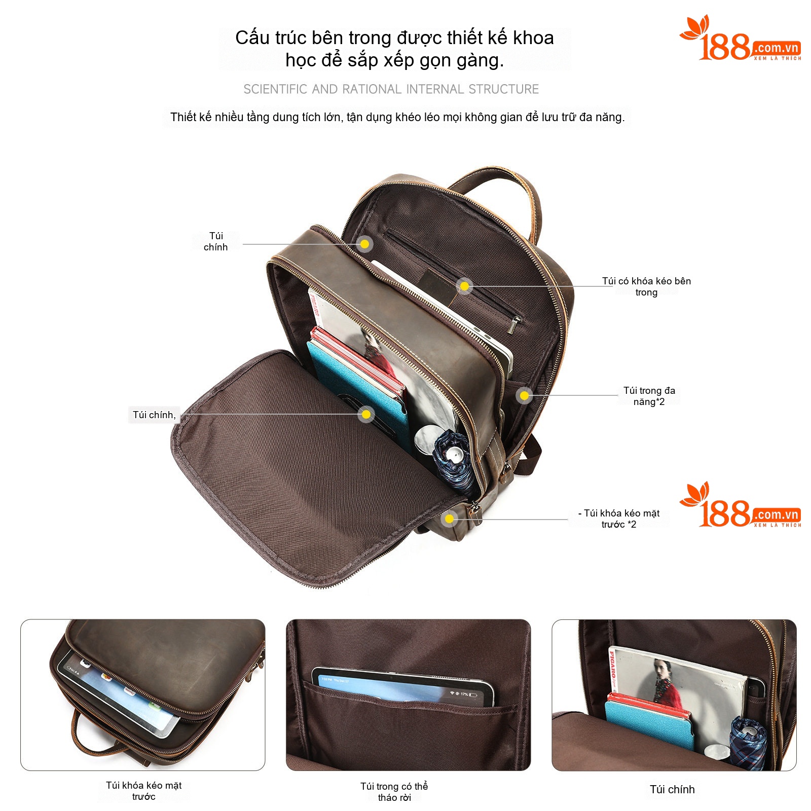 Balo Da Thật Crazy Horse Nam Ba Ngăn Chống Sốc Laptop 16 Inch Màu Nâu