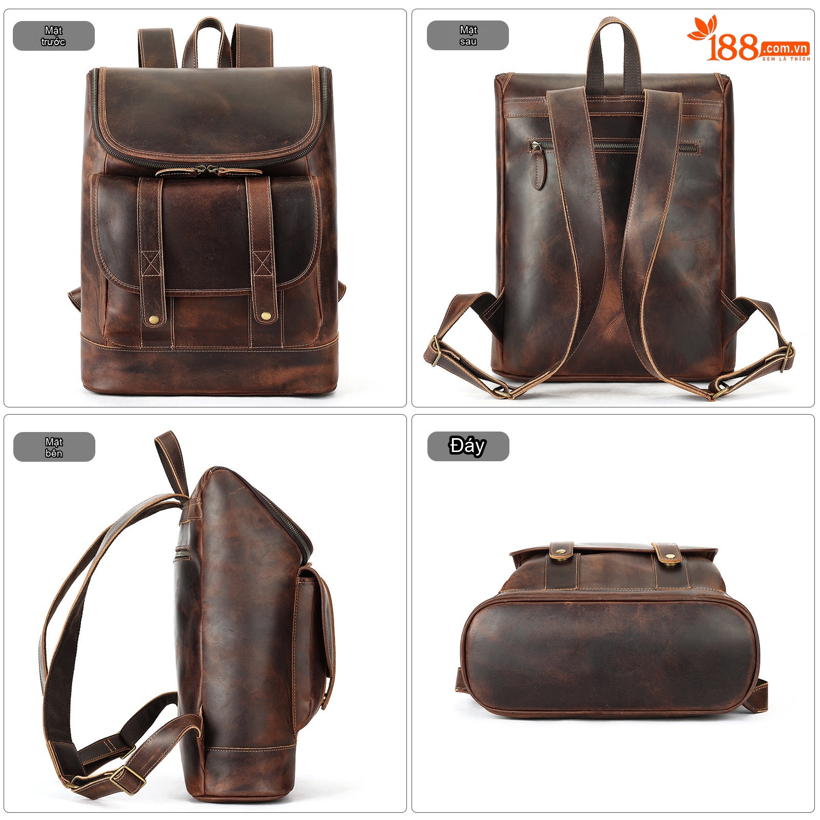 Balo Da Thật Crazy Horse Nam Nữ Vintage Đựng Laptop Công Sở Màu Nâu