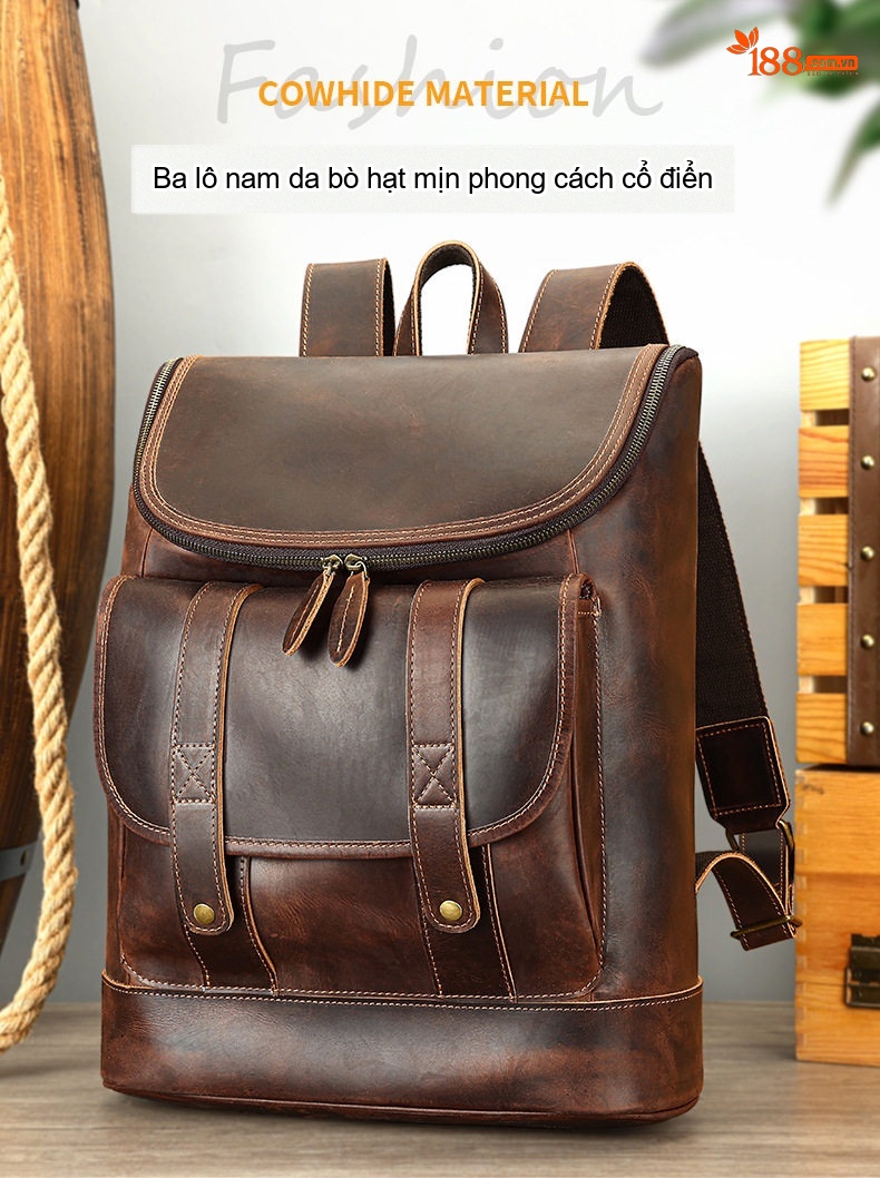 Balo Da Thật Crazy Horse Nam Nữ Vintage Đựng Laptop Công Sở Màu Nâu chi tiết 8