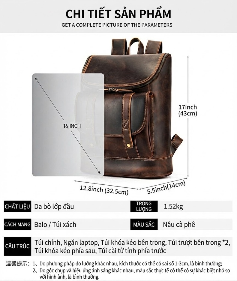 Balo Da Thật Crazy Horse Nam Nữ Vintage Đựng Laptop Công Sở Màu Nâu chi tiết 10