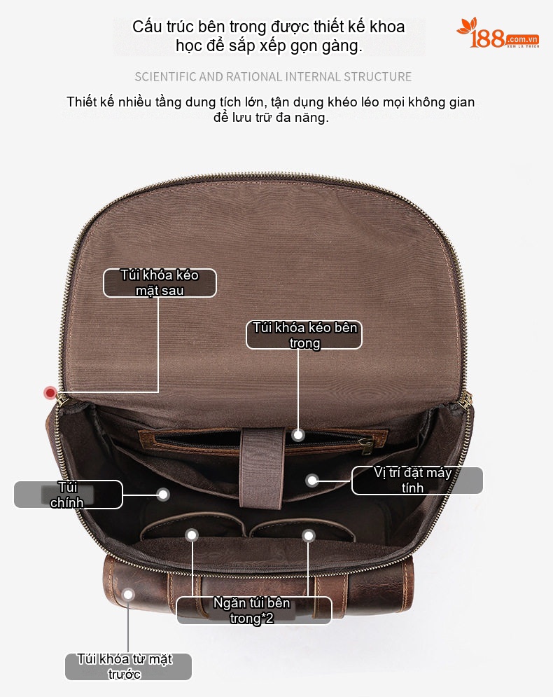 Balo Da Thật Crazy Horse Nam Nữ Vintage Đựng Laptop Công Sở Màu Nâu chi tiết 11