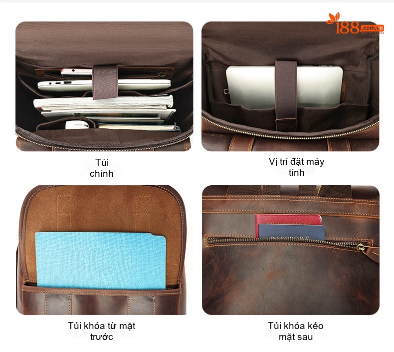 Balo Da Thật Crazy Horse Nam Nữ Vintage Đựng Laptop Công Sở Màu Nâu chi tiết 12