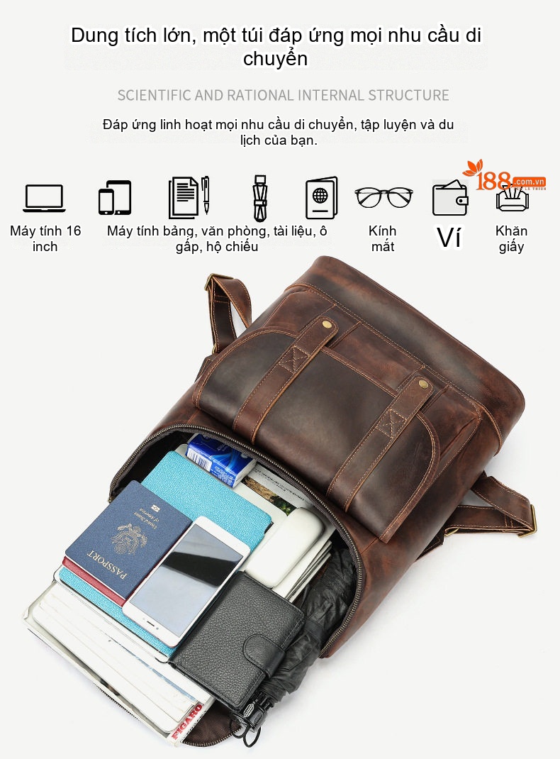 Balo Da Thật Crazy Horse Nam Nữ Vintage Đựng Laptop Công Sở Màu Nâu chi tiết 13