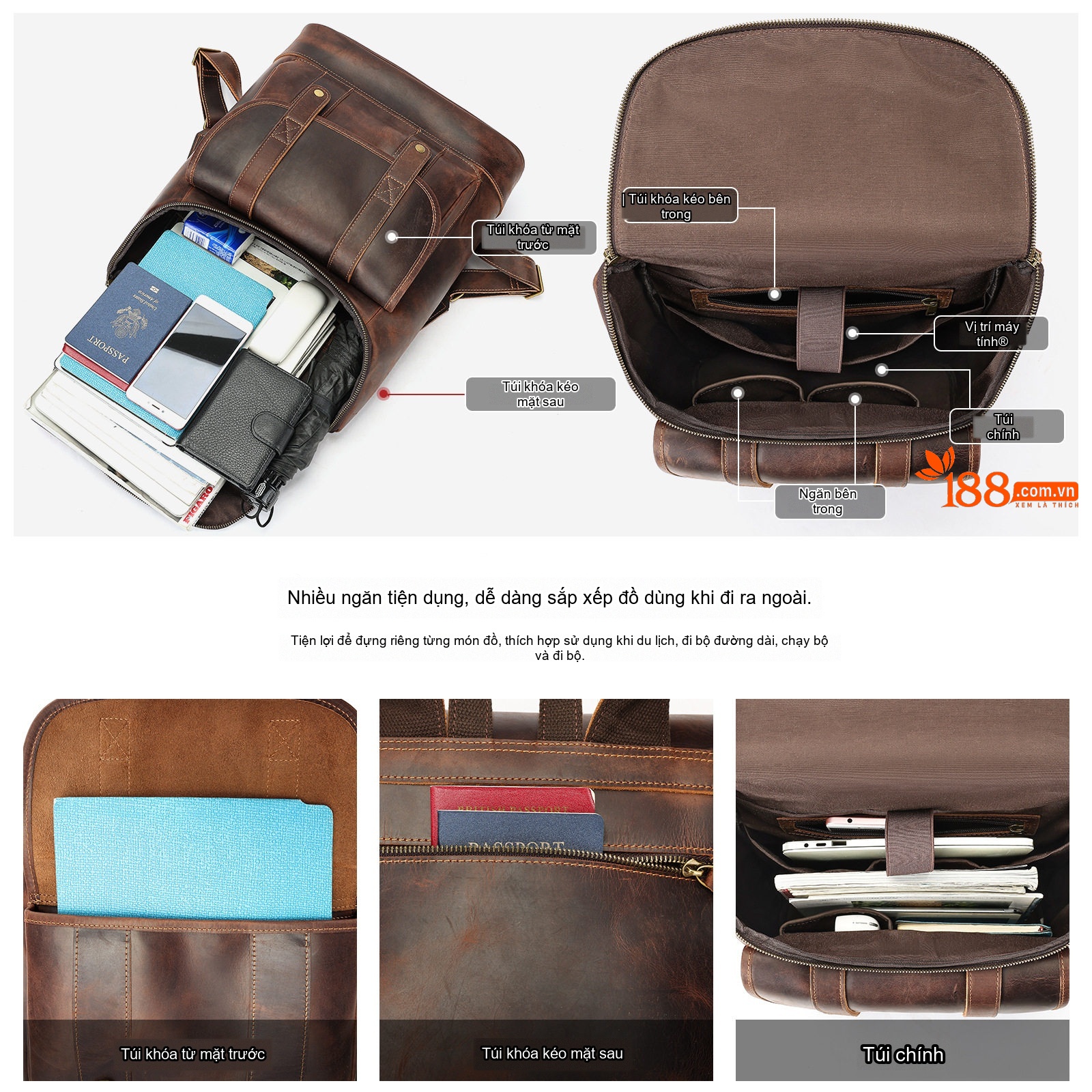 Balo Da Thật Crazy Horse Nam Nữ Vintage Đựng Laptop Công Sở Màu Nâu