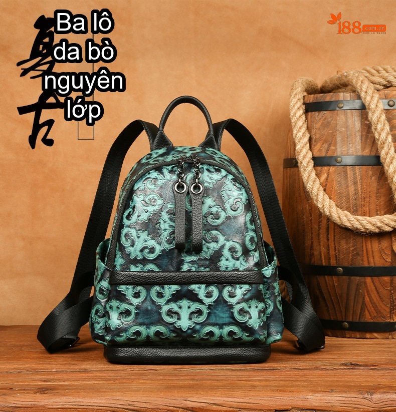 Balo Da Thật Dập Nổi Phong Cách Retro Màu Xanh Ngọc, Đen chi tiết 2