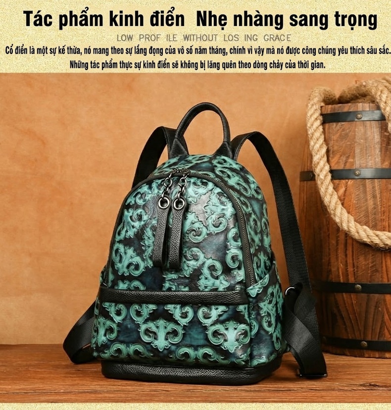 Balo Da Thật Dập Nổi Phong Cách Retro Màu Xanh Ngọc, Đen chi tiết 4