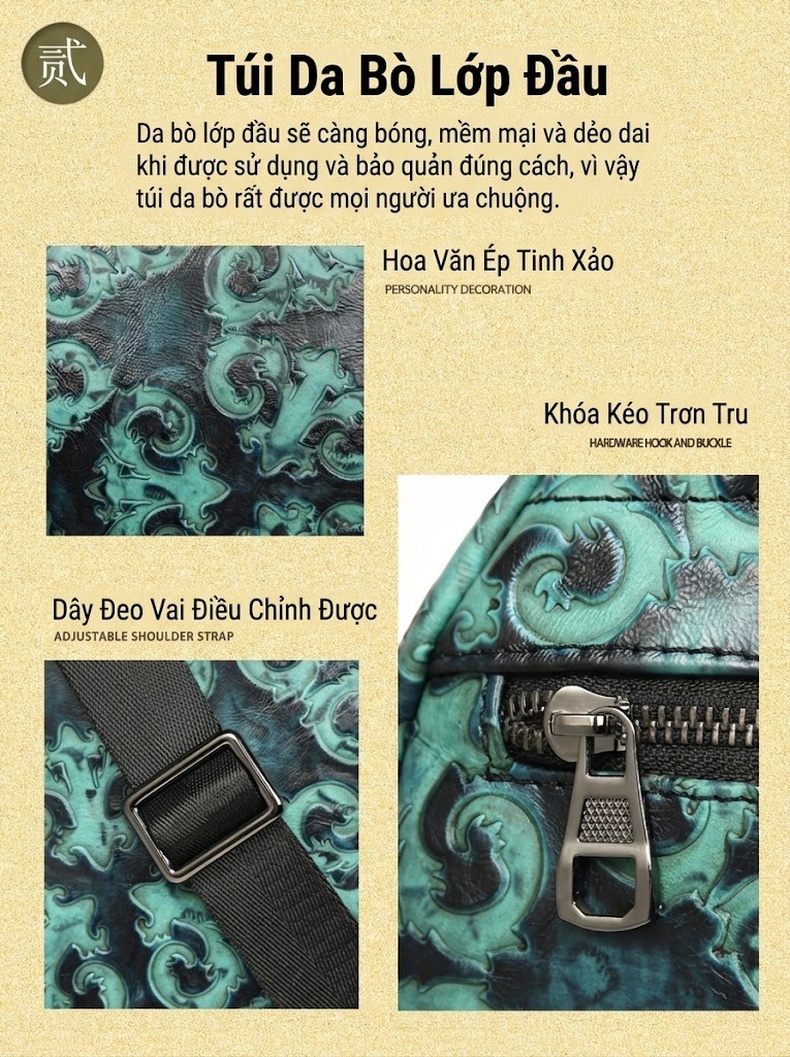 Balo Da Thật Dập Nổi Phong Cách Retro Màu Xanh Ngọc, Đen chi tiết 5