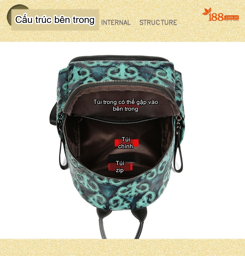 Balo Da Thật Dập Nổi Phong Cách Retro Màu Xanh Ngọc, Đen chi tiết 7