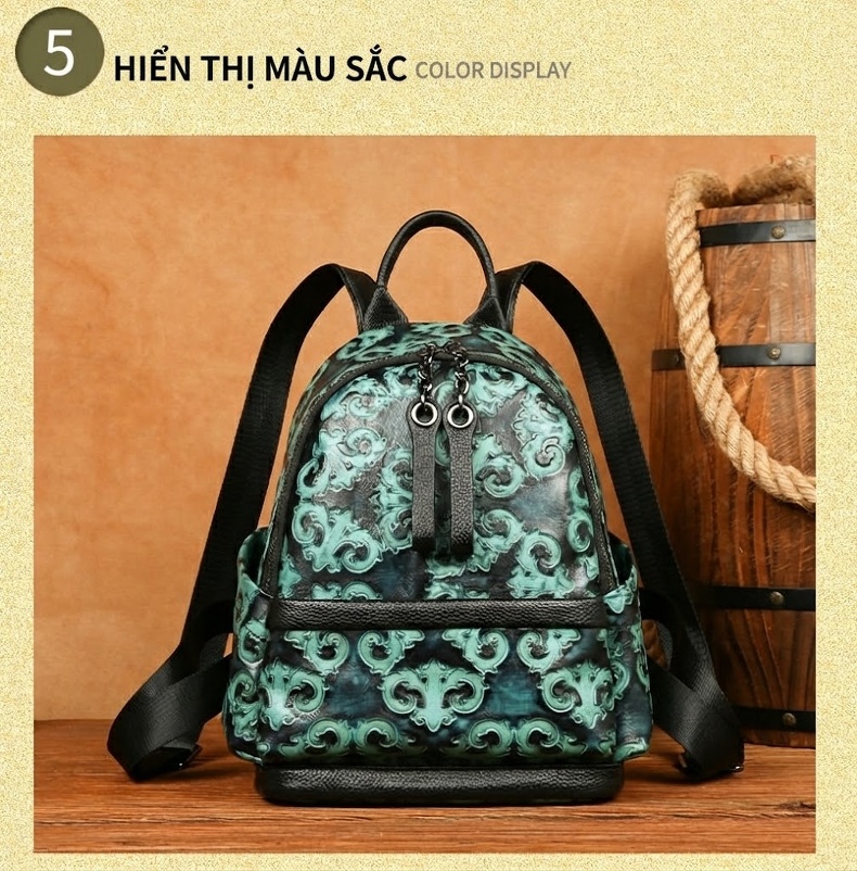 Balo Da Thật Dập Nổi Phong Cách Retro Màu Xanh Ngọc, Đen chi tiết 8