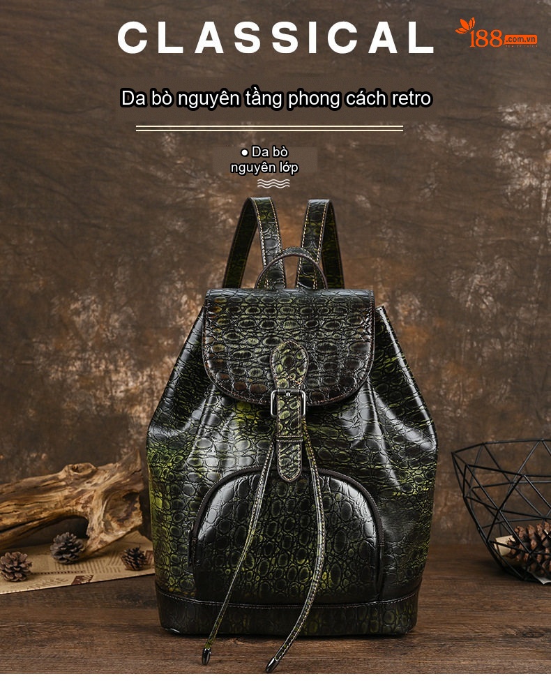Balo Da Thật Dập Vân Cá Sấu Cỡ Lớn Phong Cách Retro Màu Xanh Dương, Nâu, Xanh Lá chi tiết 1