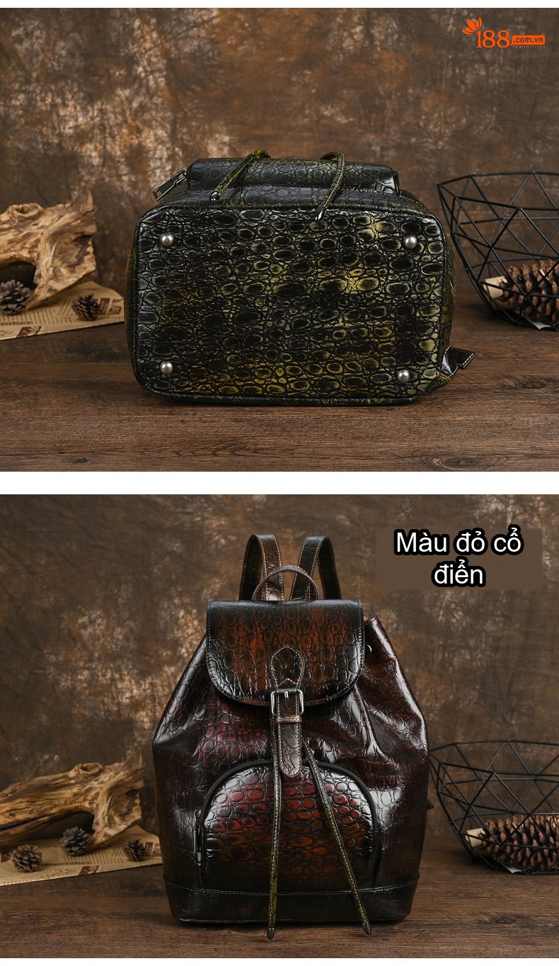 Balo Da Thật Dập Vân Cá Sấu Cỡ Lớn Phong Cách Retro Màu Xanh Dương, Nâu, Xanh Lá chi tiết 6