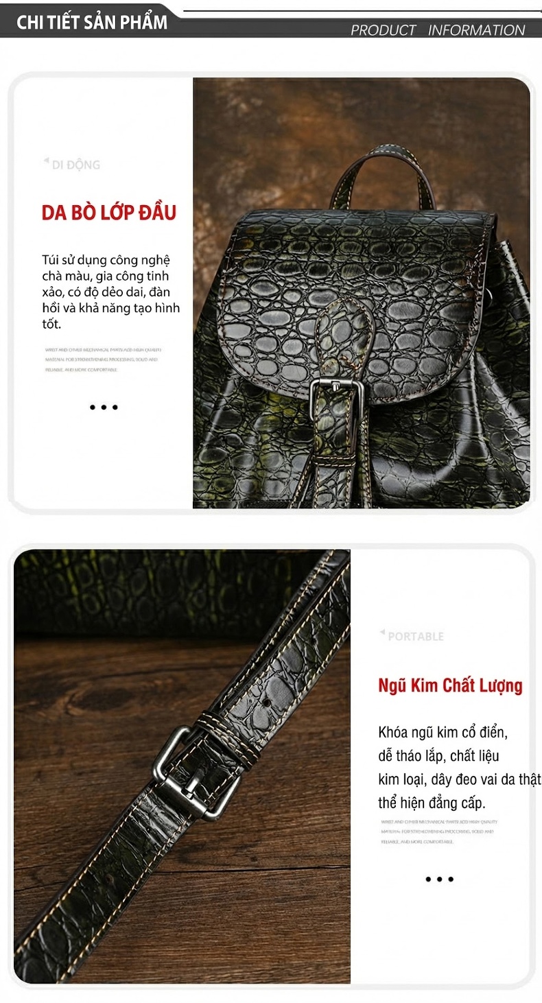 Balo Da Thật Dập Vân Cá Sấu Cỡ Lớn Phong Cách Retro Màu Xanh Dương, Nâu, Xanh Lá chi tiết 11