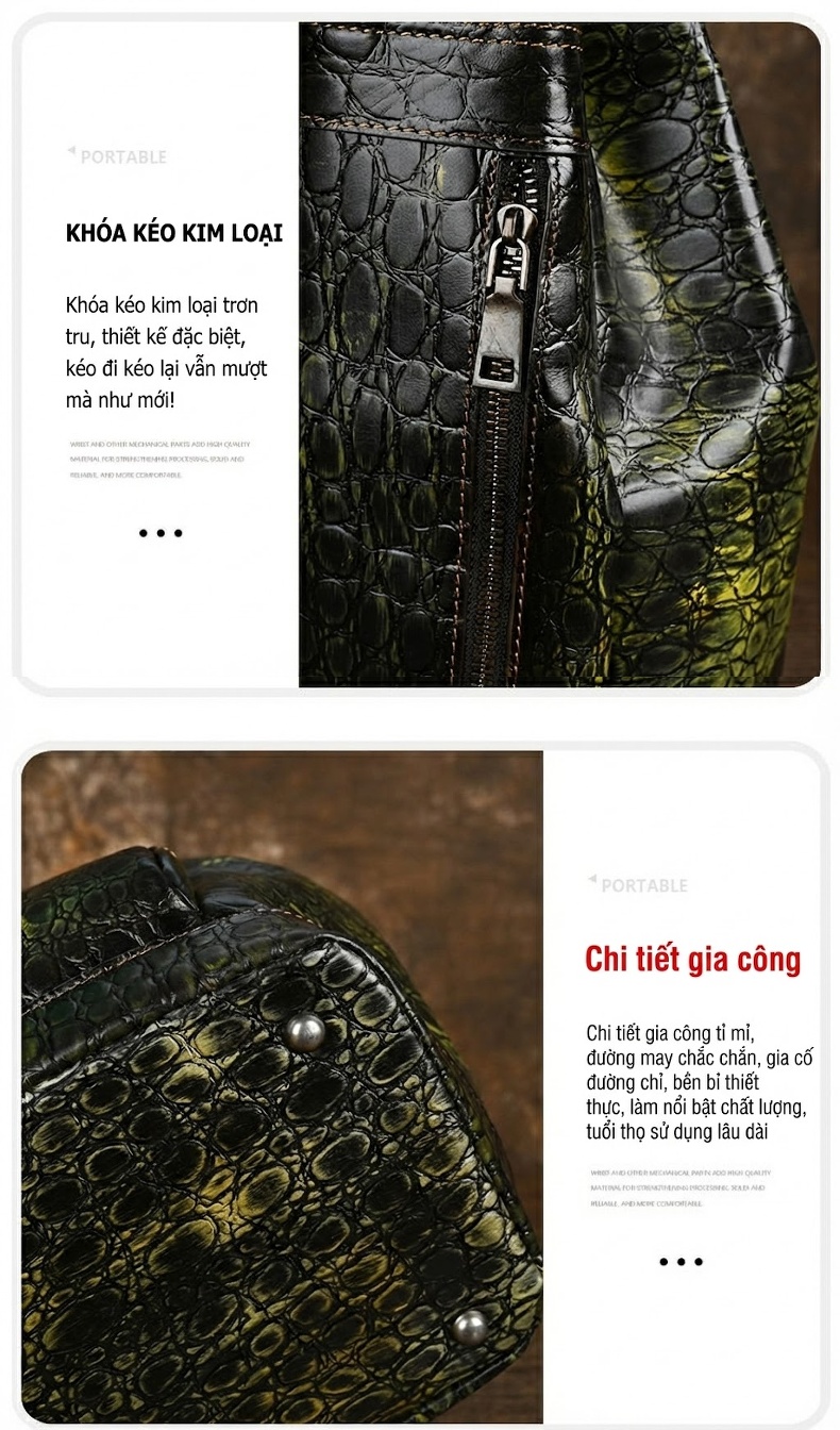 Balo Da Thật Dập Vân Cá Sấu Cỡ Lớn Phong Cách Retro Màu Xanh Dương, Nâu, Xanh Lá chi tiết 12