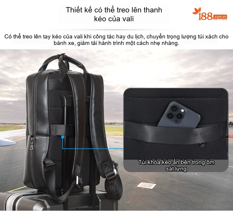 Balo Da Thật Đựng Laptop 15.6 Inch Thời Trang Công Sở Màu Đen chi tiết 10